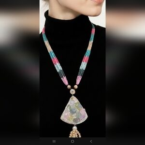 Multicolor Extra Long Beaded Necklace with Pearl Accents & Natural Stone